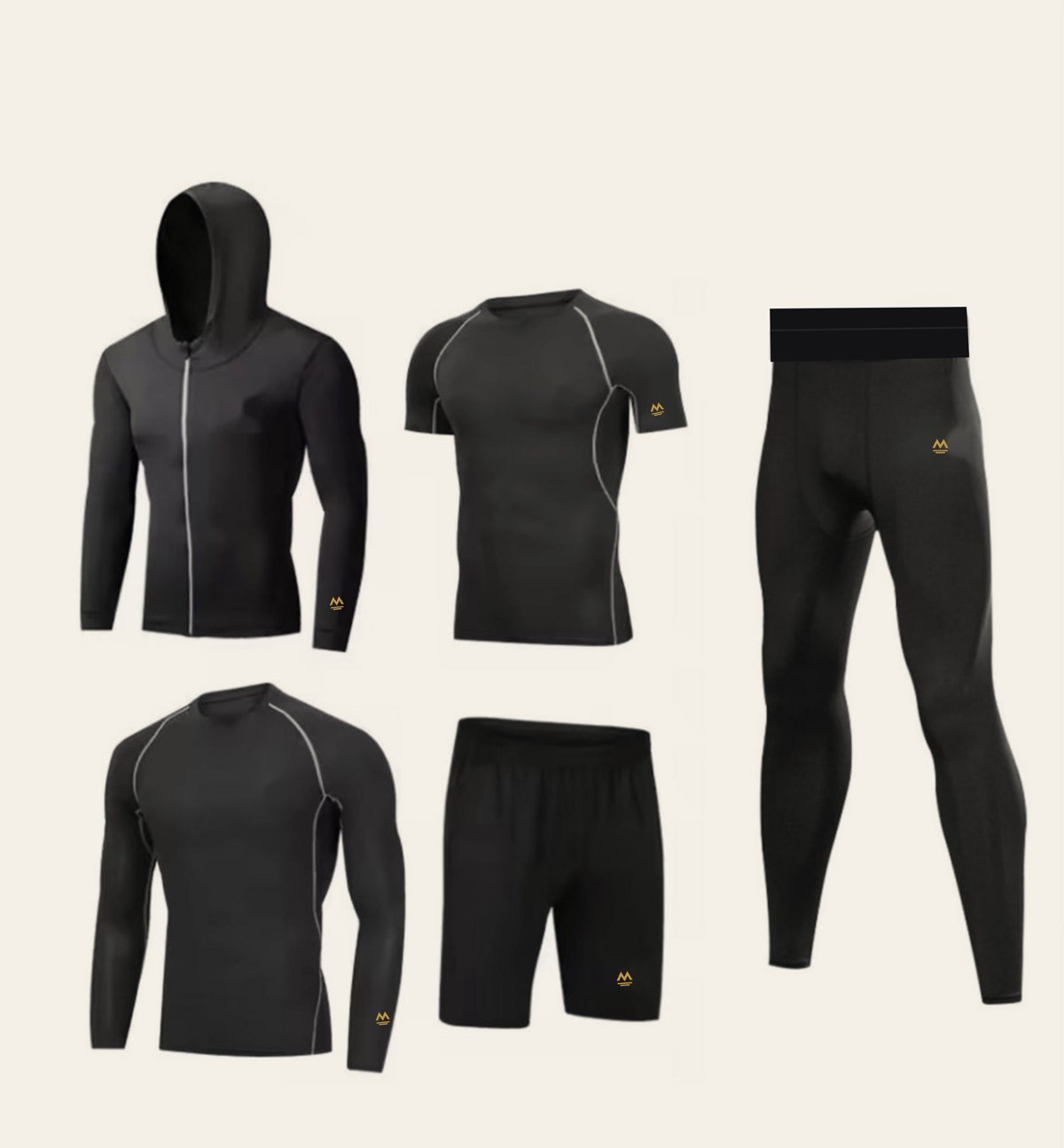 The Stanmore five-piece set: full-zip hoodie, performance tee, long-sleeve, training short and compression tight, each with a small gold mark