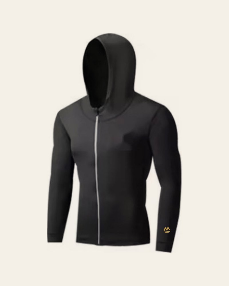The Full-Zip Hoodie, black with a small gold Stanmore mark